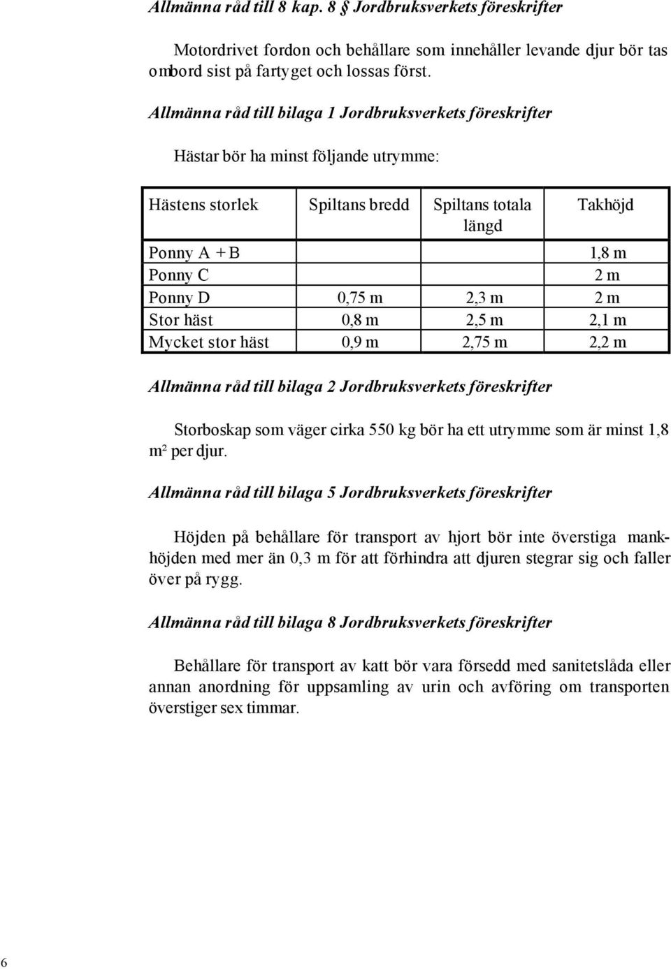 m 2,3 m 2 m Stor häst 0,8 m 2,5 m 2,1 m Mycket stor häst 0,9 m 2,75 m 2,2 m Allmänna råd till bilaga 2 Jordbruksverkets föreskrifter Storboskap som väger cirka 550 kg bör ha ett utrymme som är minst