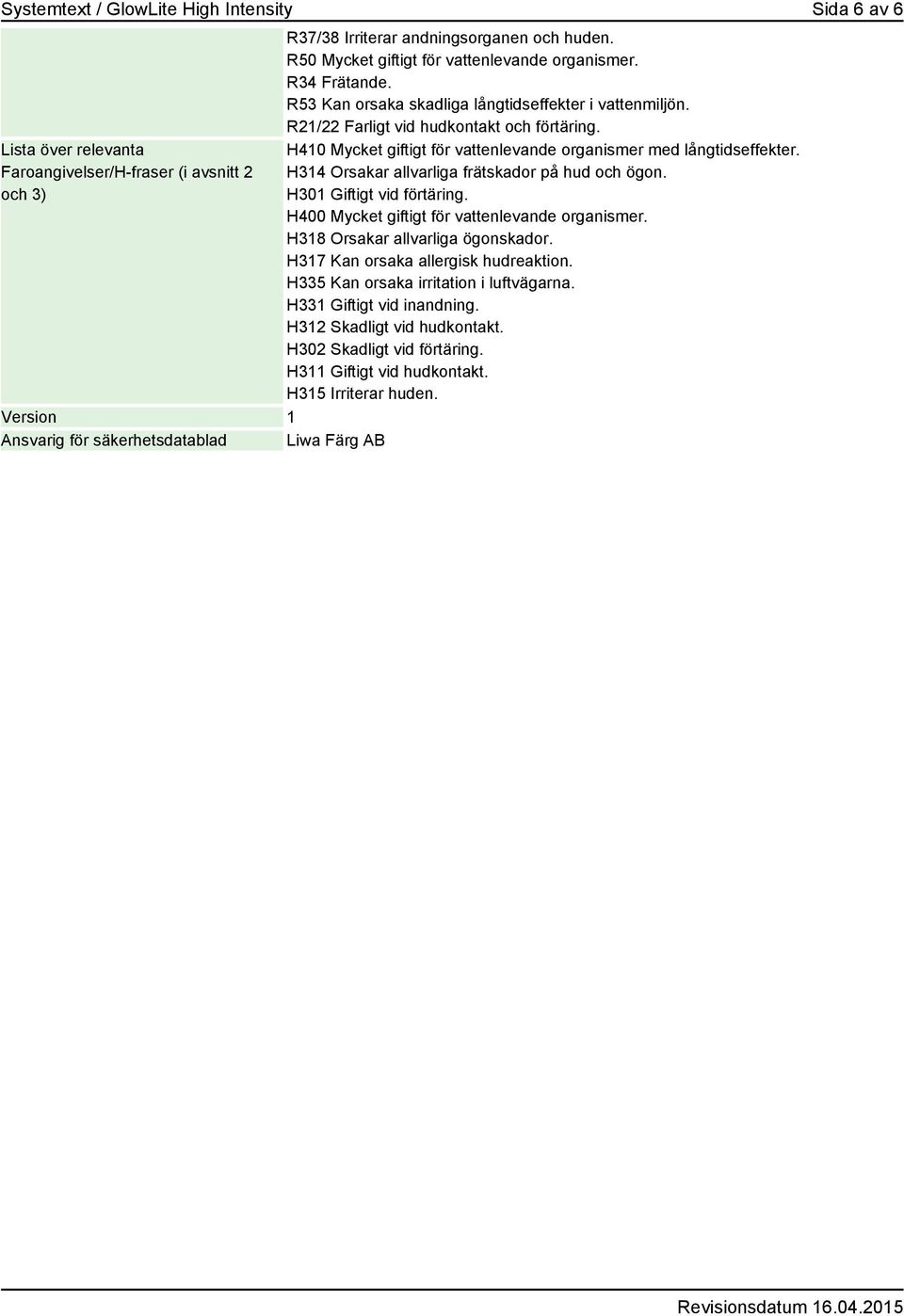 H410 Mycket giftigt för vattenlevande organismer med långtidseffekter. H314 Orsakar allvarliga frätskador på hud och ögon. H301 Giftigt vid förtäring. H400 Mycket giftigt för vattenlevande organismer.