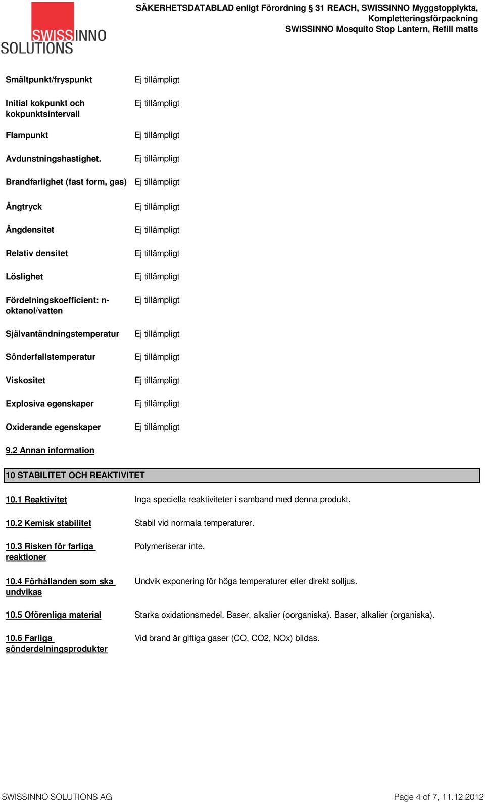 egenskaper Oxiderande egenskaper 9.2 Annan information 10 STABILITET OCH REAKTIVITET 10.1 Reaktivitet Inga speciella reaktiviteter i samband med denna produkt. 10.2 Kemisk stabilitet Stabil vid normala temperaturer.