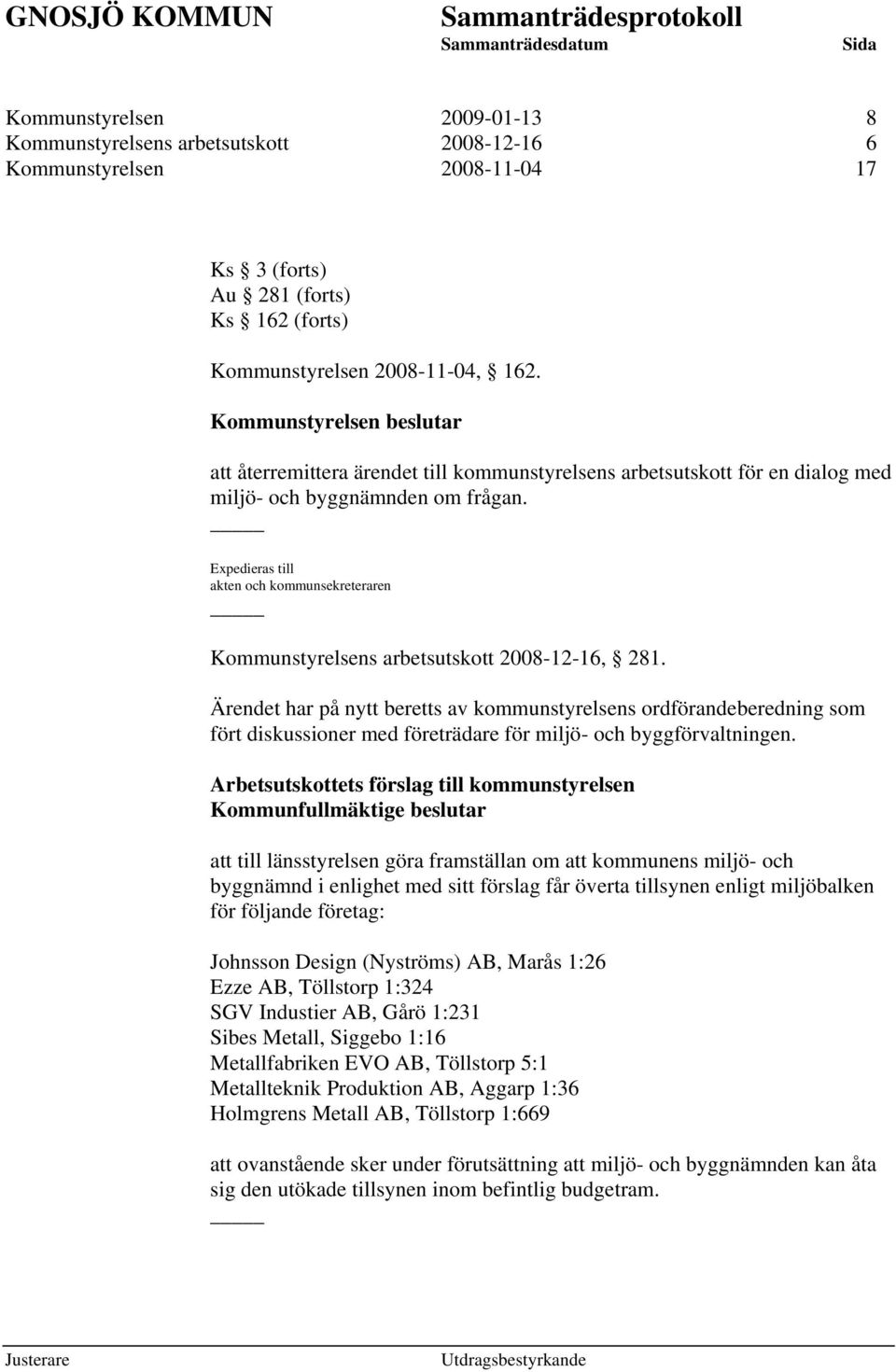 Expedieras till akten och kommunsekreteraren Kommunstyrelsens arbetsutskott 2008-12-16, 281.