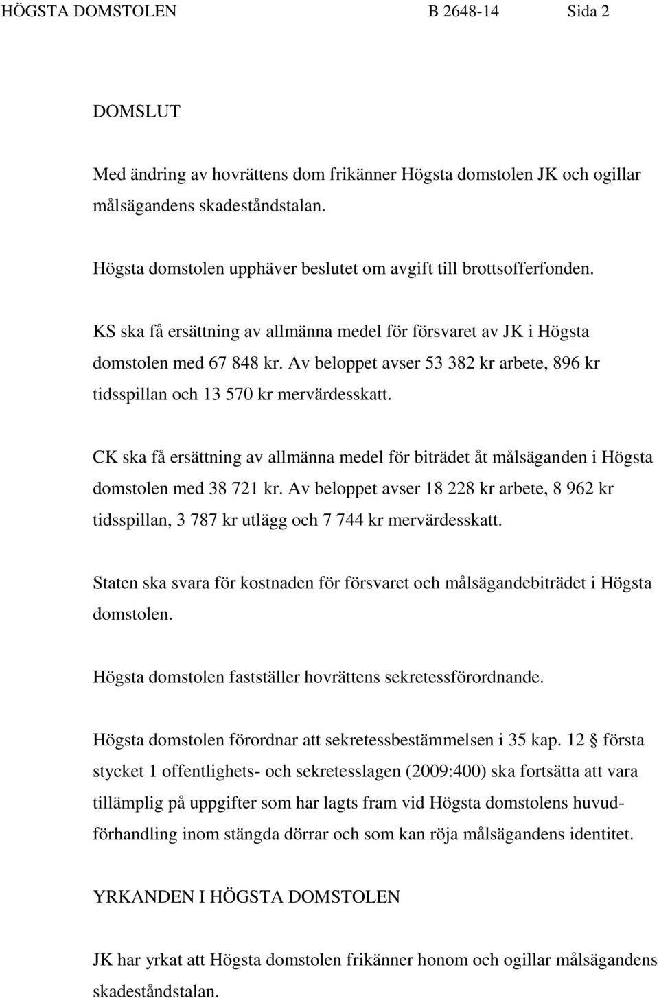 Av beloppet avser 53 382 kr arbete, 896 kr tidsspillan och 13 570 kr mervärdesskatt. CK ska få ersättning av allmänna medel för biträdet åt målsäganden i Högsta domstolen med 38 721 kr.