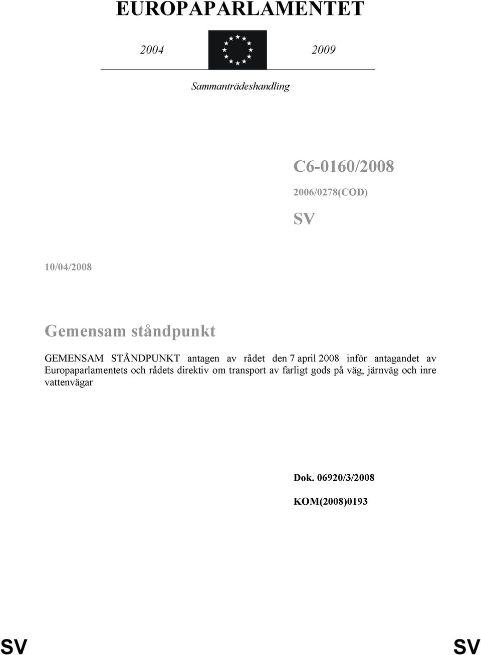 2008 inför antagandet av Europaparlamentets och rådets direktiv om transport av