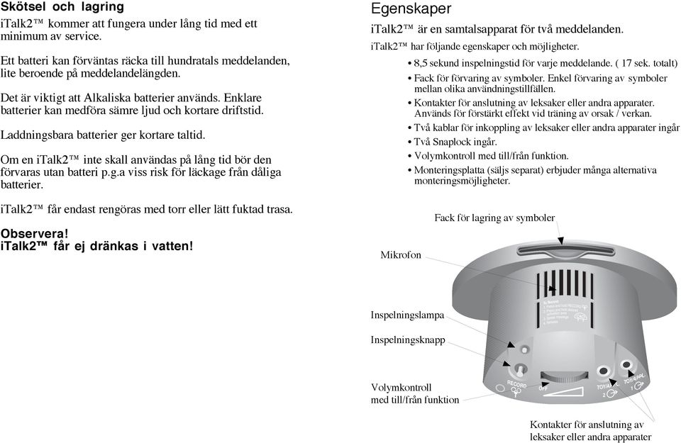 Om en italk2 inte skall användas på lång tid bör den förvaras utan batteri p.g.a viss risk för läckage från dåliga batterier. Egenskaper italk2 är en samtalsapparat för två meddelanden.