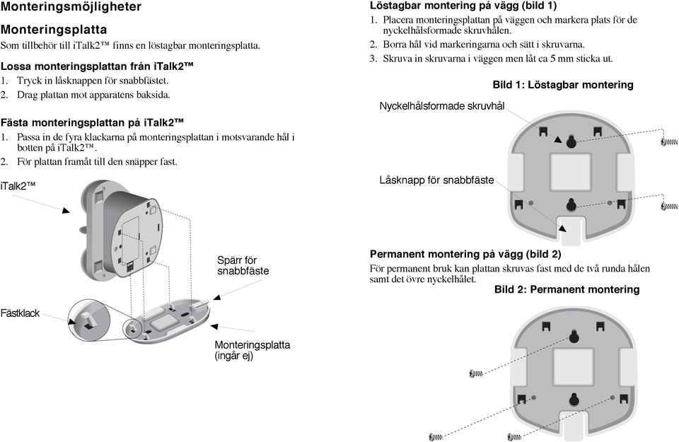 För plattan framåt till den snäpper fast. italk2 Löstagbar montering på vägg (bild 1) 1. Placera monteringsplattan på väggen och markera plats för de nyckelhålsformade skruvhålen. 2.