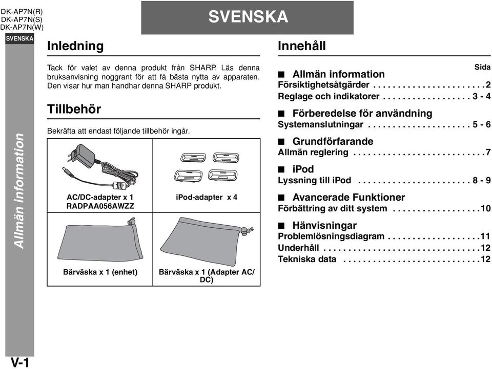 AC/DC-adapter x 1 RADPAA056AWZZ Bärväska x 1 (enhet) ipod-adapter x 4 Bärväska x 1 (Adapter AC/ DC) Sida Allmän information Försiktighetsåtgärder.......................2 Reglage och indikatorer.