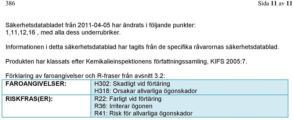 Produkten har klassats efter Kemikalieinspektionens författningssamling, KIFS 2005:7.