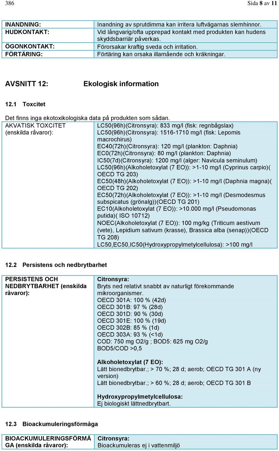 AVSNITT 12: Ekologisk information 12.1 Toxcitet Det finns inga ekotoxikologiska data på produkten som sådan.