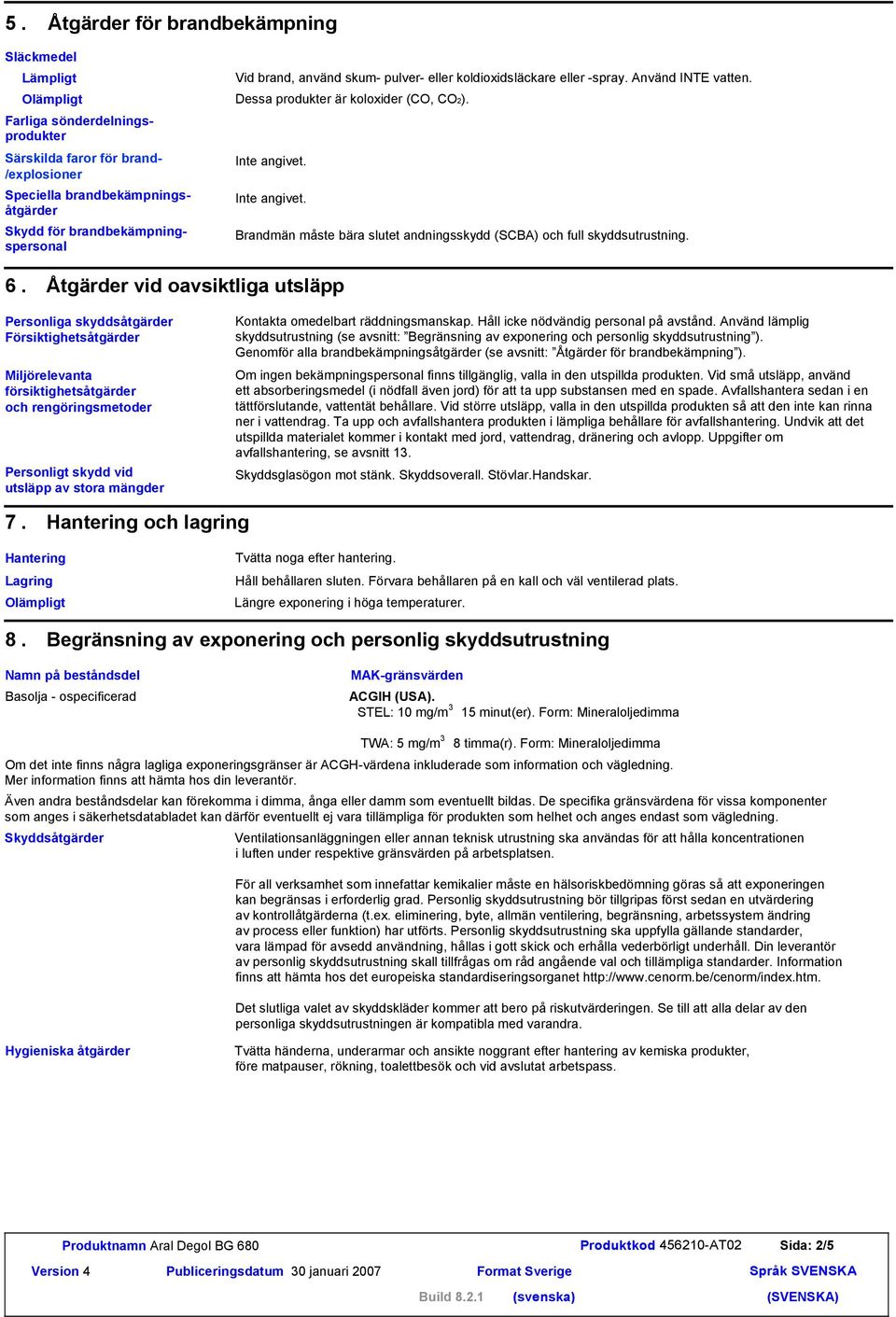 Inte angivet. Brandmän måste bära slutet andningsskydd (SCBA) och full skyddsutrustning. 6.