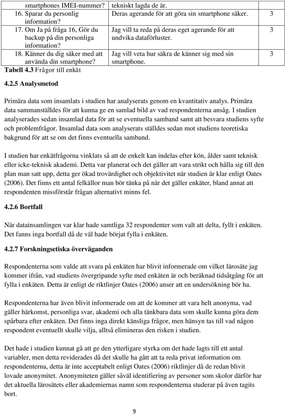 Jag vill veta hur säkra de känner sig med sin smartphone. 3 3 4.2.5 Analysmetod Primära data som insamlats i studien har analyserats genom en kvantitativ analys.