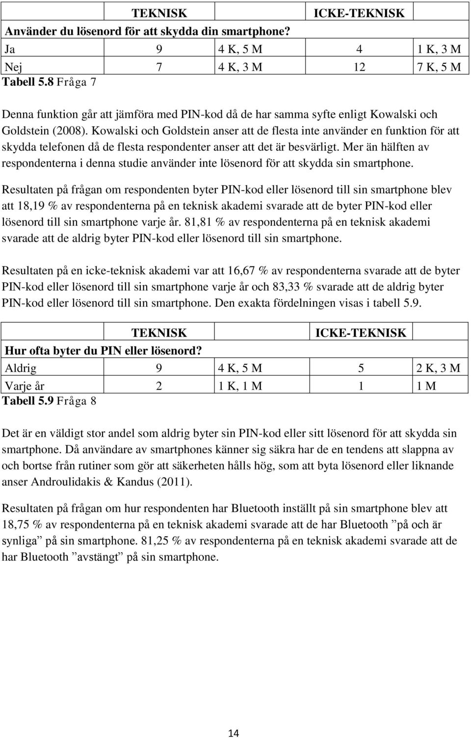 Kowalski och Goldstein anser att de flesta inte använder en funktion för att skydda telefonen då de flesta respondenter anser att det är besvärligt.