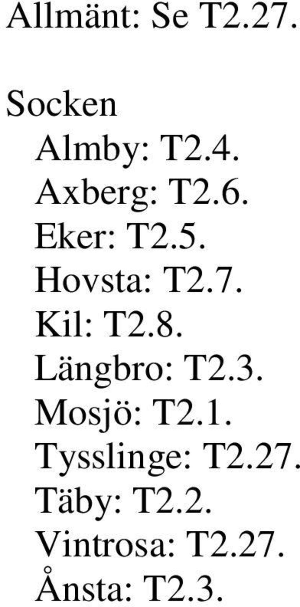 Längbro: T2.3. Mosjö: T2.1. Tysslinge: T2.