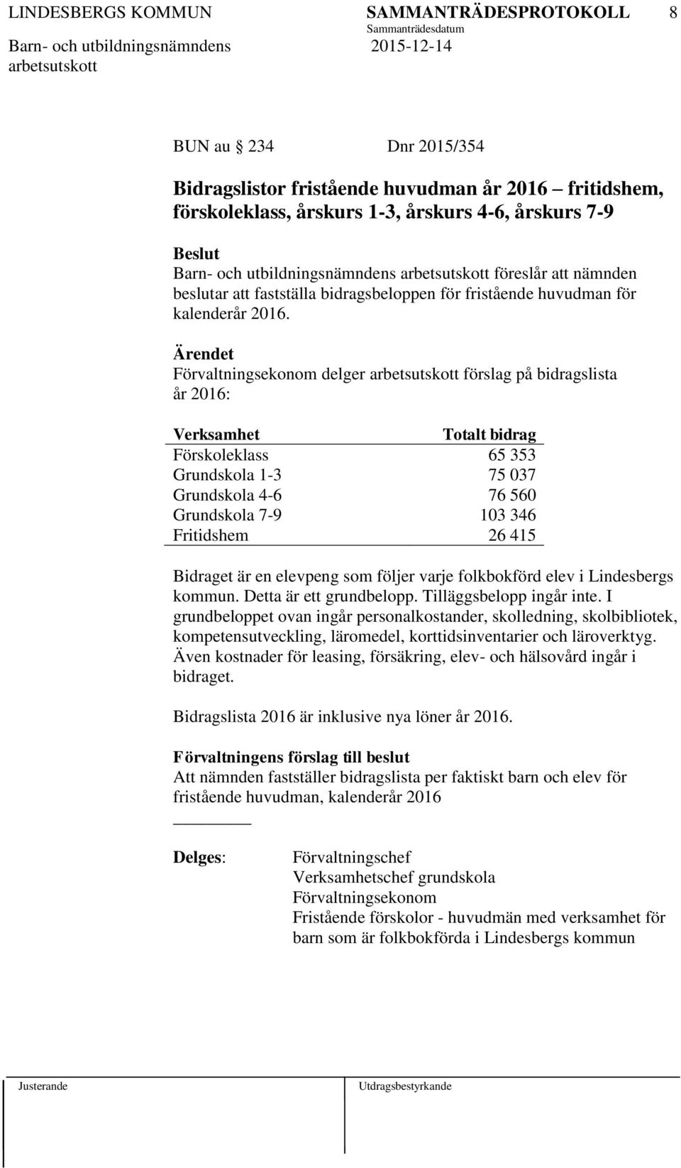 delger förslag på bidragslista år 2016: Verksamhet Totalt bidrag Förskoleklass 65 353 Grundskola 1-3 75 037 Grundskola 4-6 76 560 Grundskola 7-9 103 346 Fritidshem 26 415 Bidraget är en elevpeng som