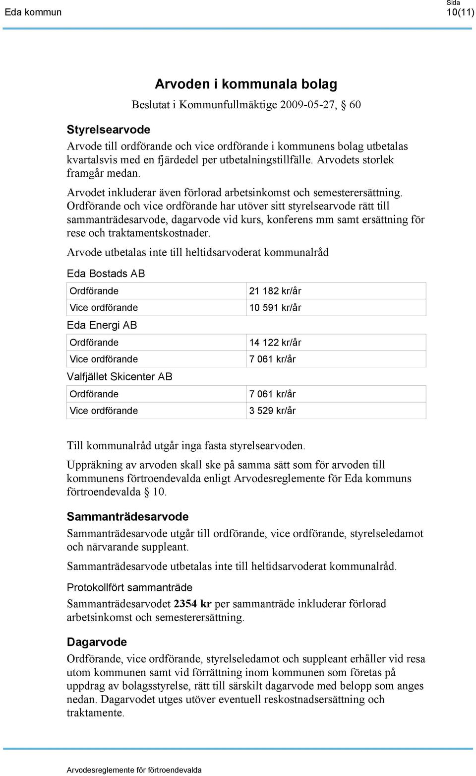 Ordförande och vice ordförande har utöver sitt styrelsearvode rätt till sammanträdesarvode, dagarvode vid kurs, konferens mm samt ersättning för rese och traktamentskostnader.