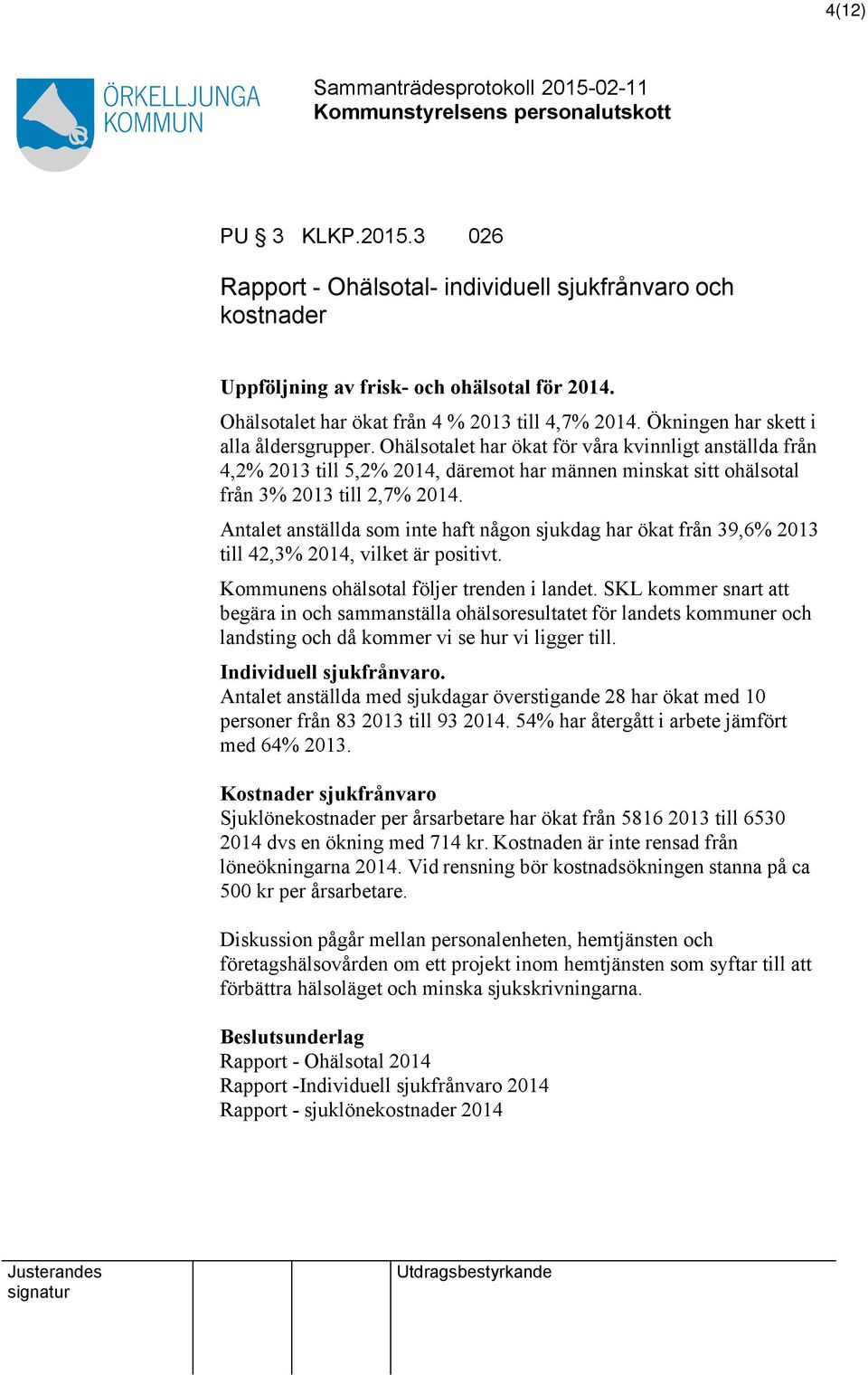 Antalet anställda som inte haft någon sjukdag har ökat från 39,6% 2013 till 42,3% 2014, vilket är positivt. Kommunens ohälsotal följer trenden i landet.