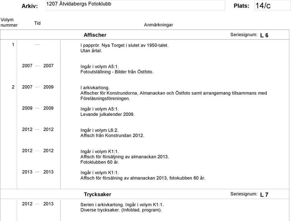 2012 2012 Ingår i volym L6:2. Affisch från Konstrundan 2012. 2012 2012 Ingår i volym K1:1. Affisch för försäljning av almanackan 2013. Fotoklubben 60 år.