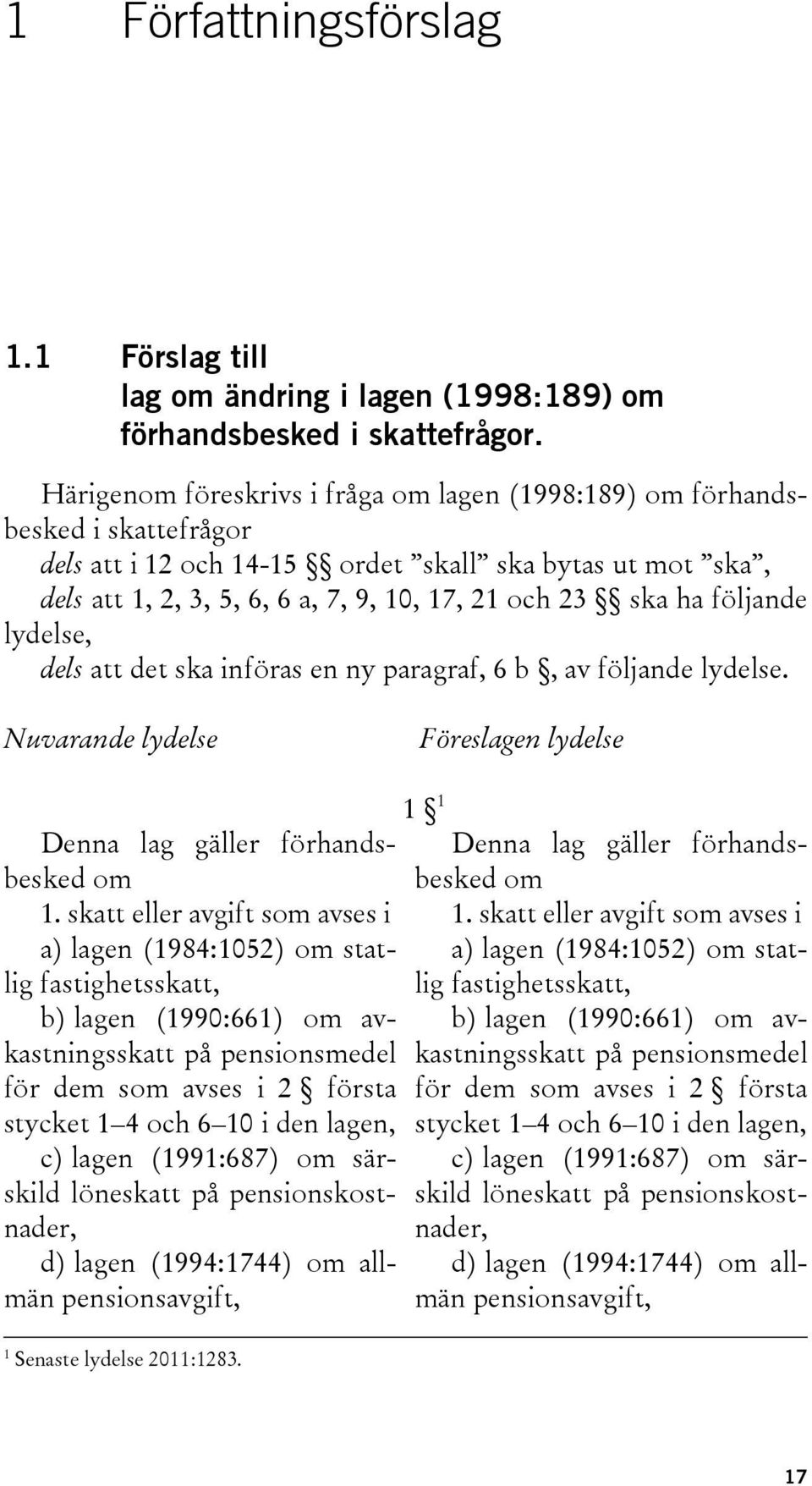 följande lydelse, dels att det ska införas en ny paragraf, 6 b, av följande lydelse. Nuvarande lydelse Föreslagen lydelse Denna lag gäller förhandsbesked om 1.