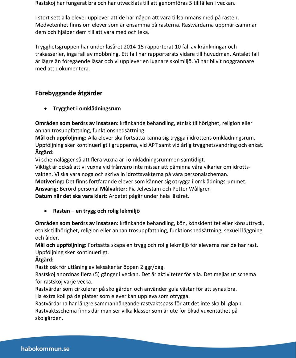 Trygghetsgruppen har under läsåret 2014-15 rapporterat 10 fall av kränkningar och trakasserier, inga fall av mobbning. Ett fall har rapporterats vidare till huvudman.