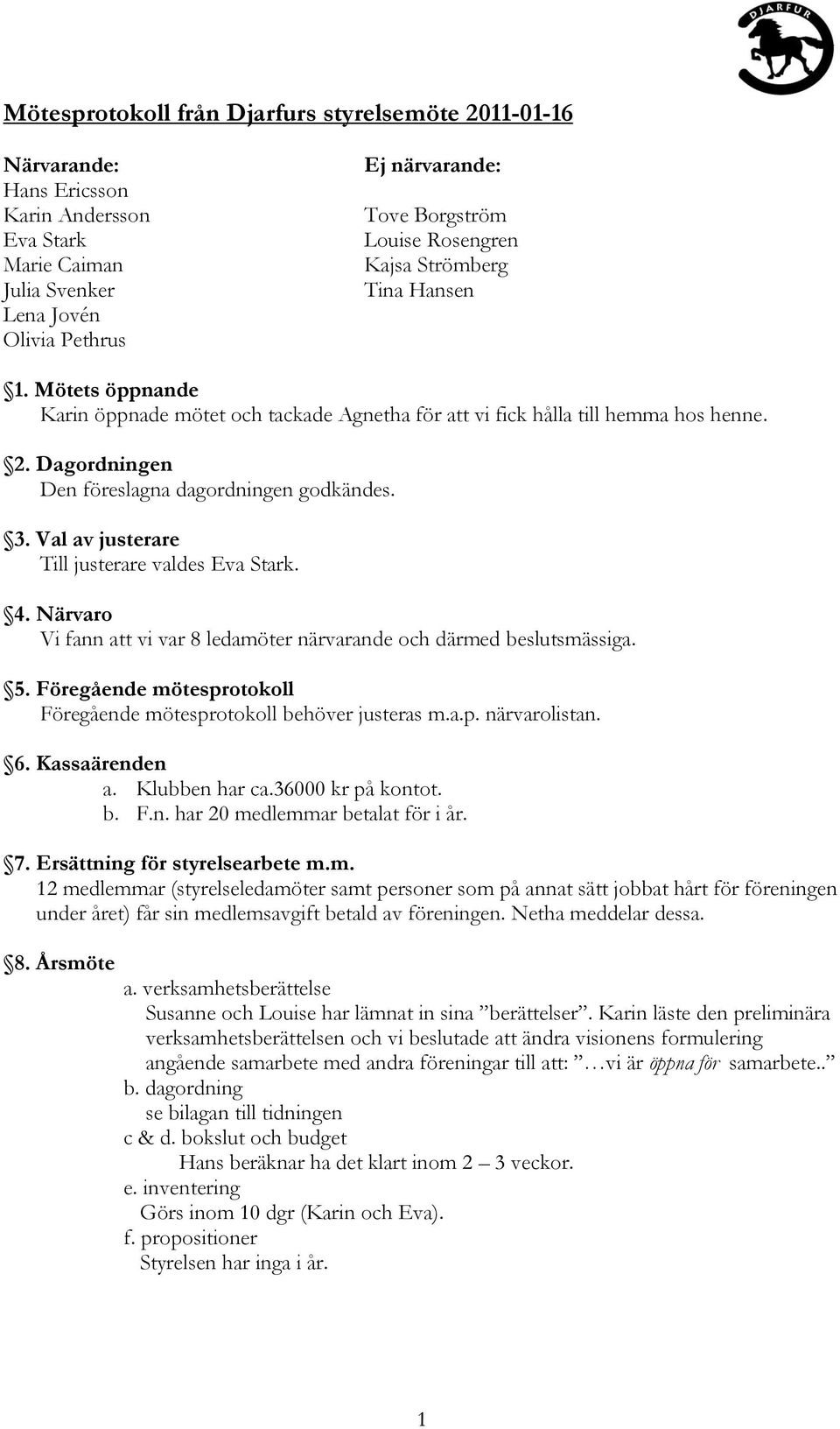 Val av justerare Till justerare valdes Eva Stark. 4. Närvaro Vi fann att vi var 8 ledamöter närvarande och därmed beslutsmässiga. 5.