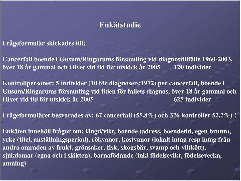 individer Frågeformuläret besvarades av: 67 cancerfall (55,8%) och 326 kontroller 52,2%)!