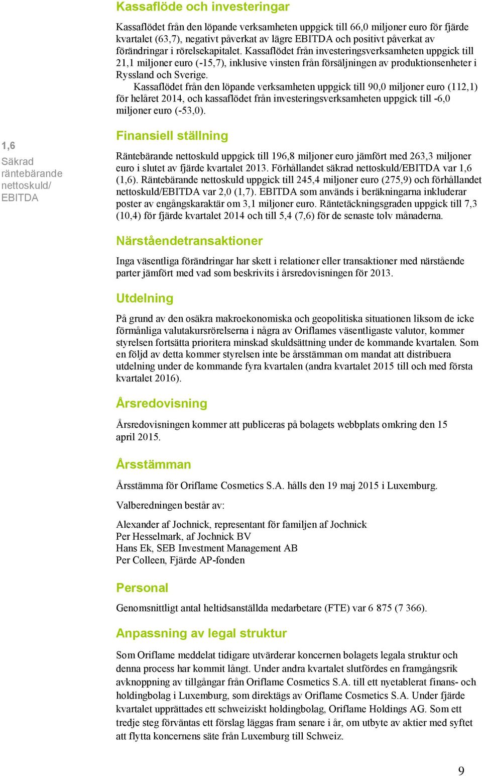 Kassaflödet från den löpande verksamheten uppgick till 90,0 miljoner (112,1) för helåret 2014, och kassaflödet från investeringsverksamheten uppgick till -6,0 miljoner (-53,0).