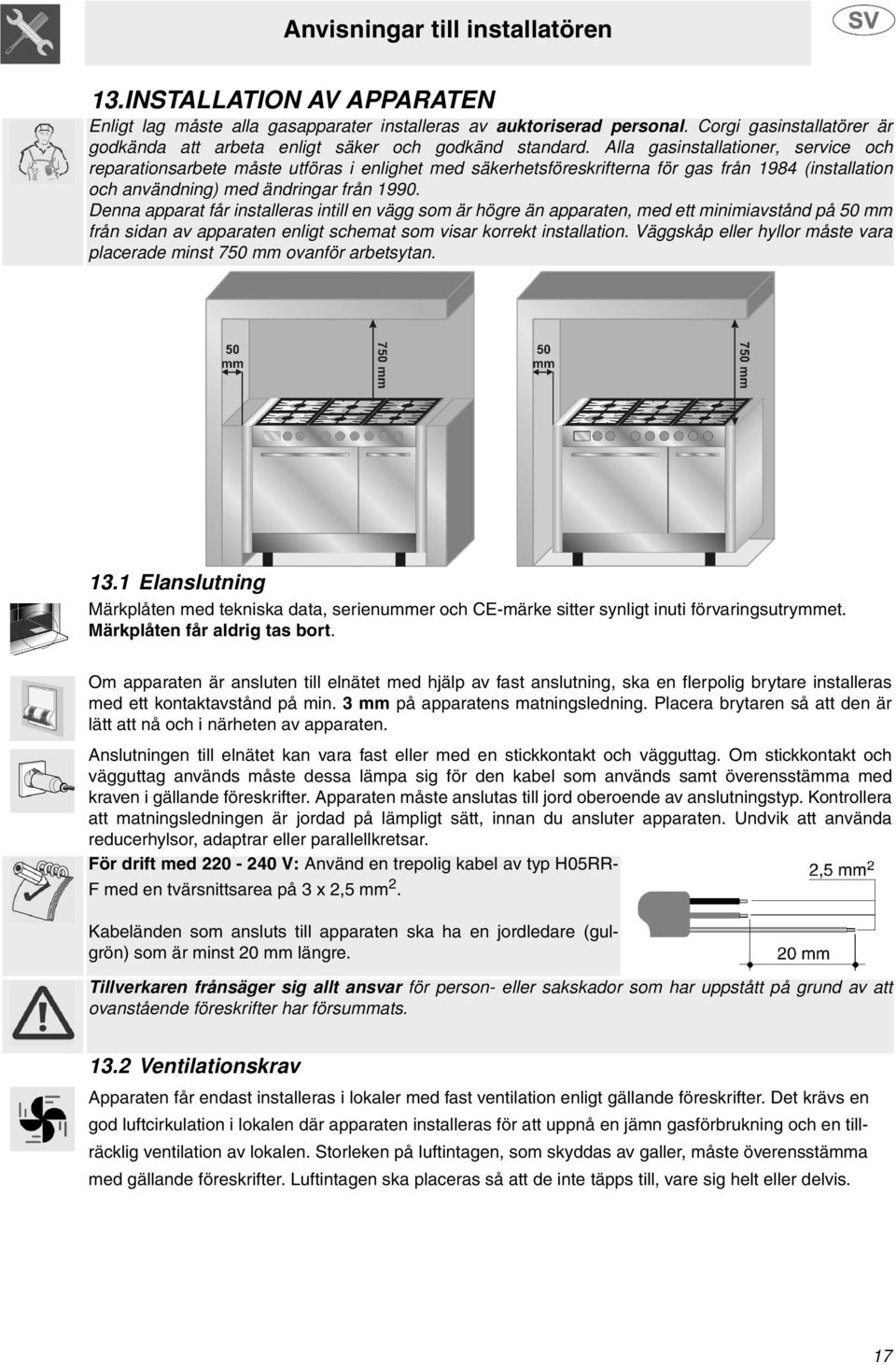 Alla gasinstallationer, service och reparationsarbete måste utföras i enlighet med säkerhetsföreskrifterna för gas från 1984 (installation och användning) med ändringar från 1990.