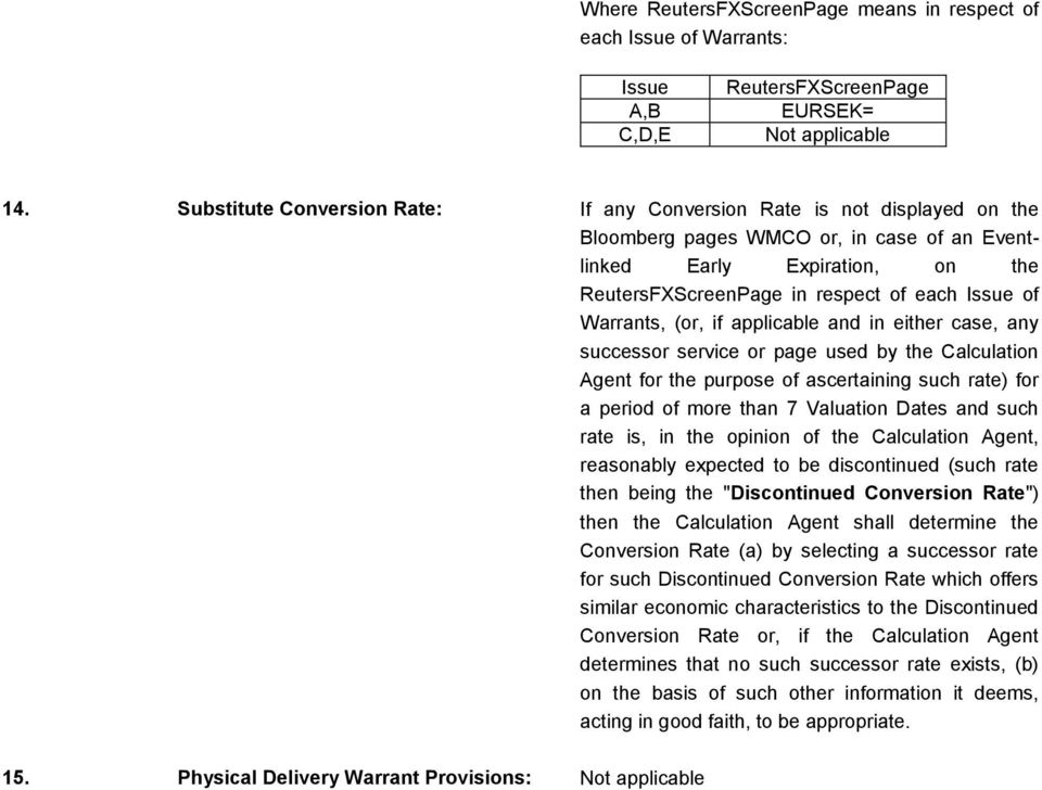 Warrants, (or, if applicable and in either case, any successor service or page used by the Calculation Agent for the purpose of ascertaining such rate) for a period of more than 7 Valuation Dates and