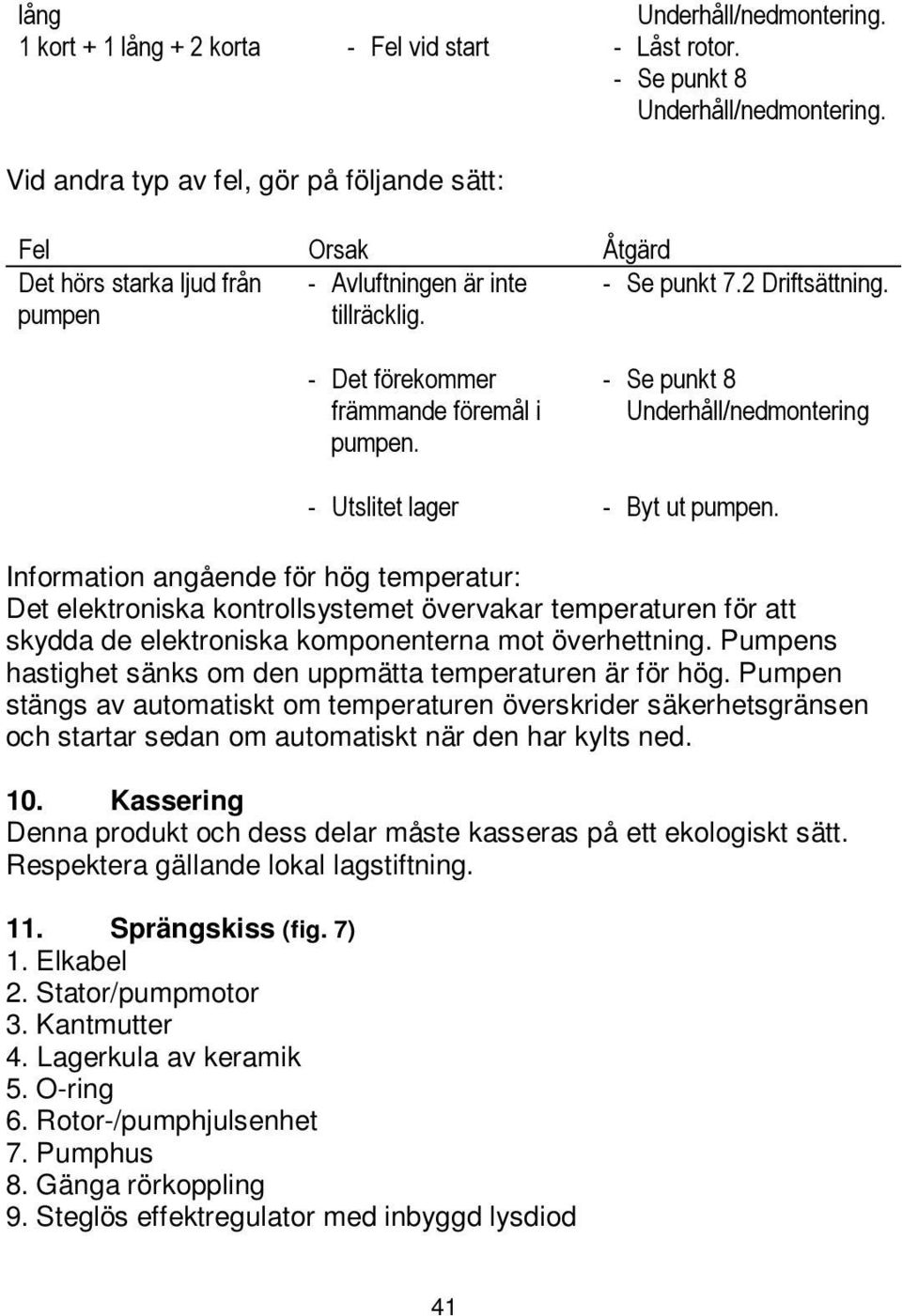 - Det förekommer främmande föremål i pumpen. - Utslitet lager - Se punkt 8 Underhåll/nedmontering - Byt ut pumpen.