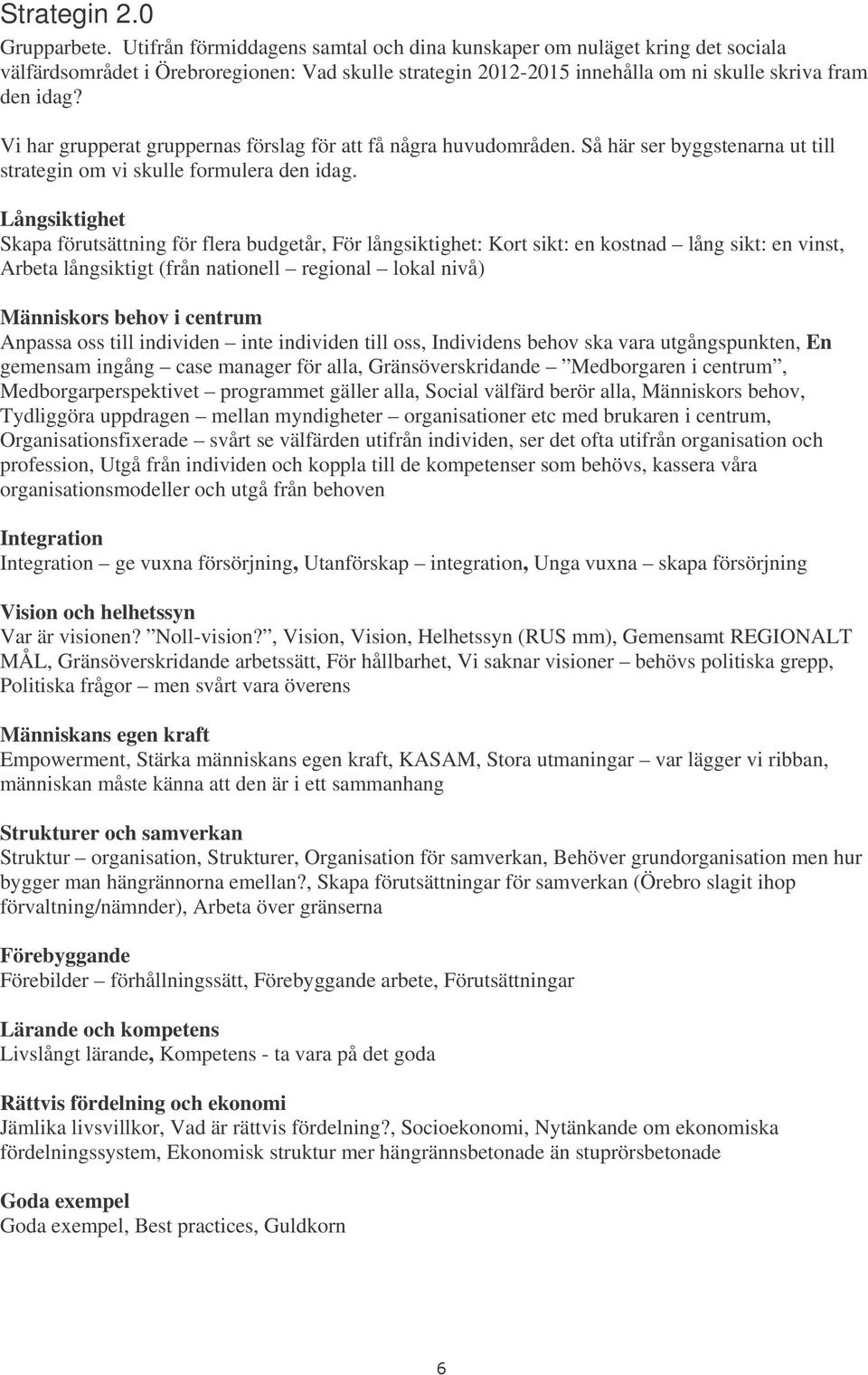 Vi har grupperat gruppernas förslag för att få några huvudområden. Så här ser byggstenarna ut till strategin om vi skulle formulera den idag.