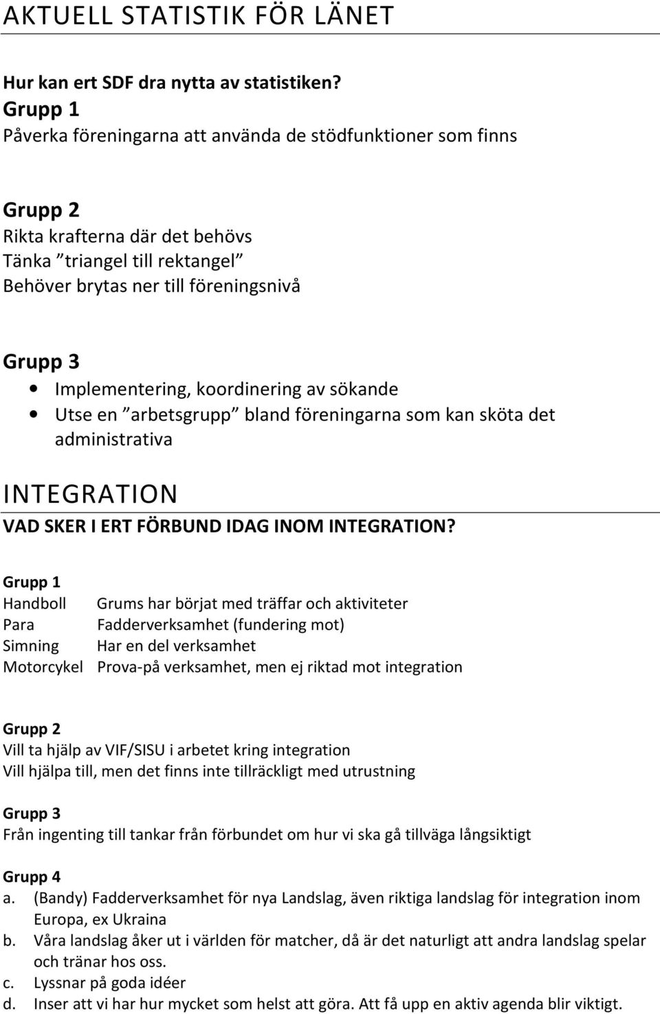 Utse en arbetsgrupp bland föreningarna som kan sköta det administrativa INTEGRATION VAD SKER I ERT FÖRBUND IDAG INOM INTEGRATION?