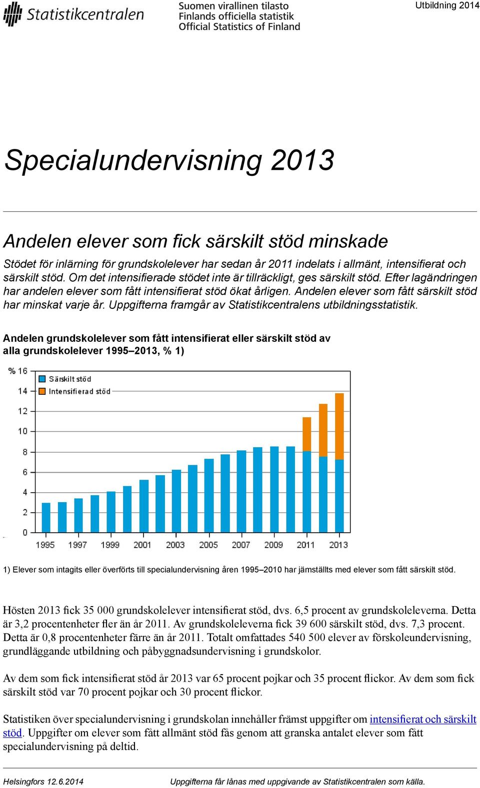 Andelen elever som fått särskilt stöd har minskat varje år. Uppgifterna framgår av Statistikcentralens utbildningsstatistik.