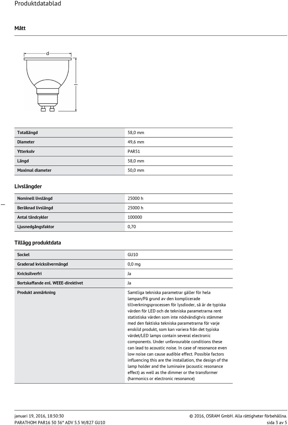 WEEE-direktivet Produkt anmärkning GU10 0,0 mg Samtliga tekniska parametrar gäller för hela lampan/på grund av den komplicerade tillverkningsprocessen för lysdioder, så är de typiska värden för LED