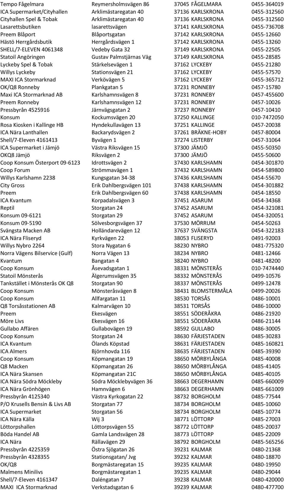 0455-13260 SHELL/7- ELEVEN 4061348 Vedeby Gata 32 37149 KARLSKRONA 0455-22505 Statoil Angöringen Gustav Palmstjärnas Väg 37149 KARLSKRONA 0455-28585 Lyckeby Spel & Tobak Stärkelsevägen 1 37162