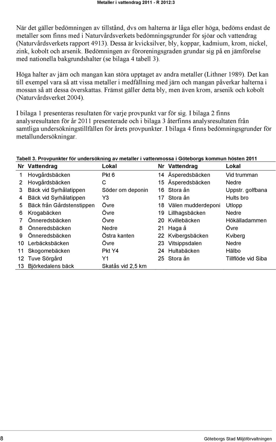 Bedömningen av föroreningsgraden grundar sig på en jämförelse med nationella bakgrundshalter (se bilaga 4 tabell 3). Höga halter av järn och mangan kan störa upptaget av andra metaller (Lithner 1989).