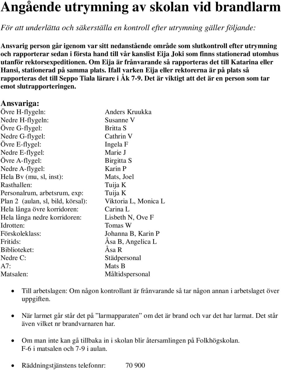 Om Eija är frånvarande så rapporteras det till Katarina eller Hansi, stationerad på samma plats. Ifall varken Eija eller rektorerna är på plats så rapporteras det till Seppo Tiala lärare i Åk 7-9.