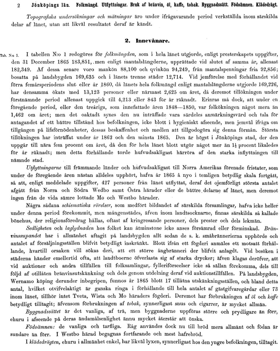 I tabellen N:o 1 redogöres för folkmängden, som i hela länet utgjorde, enligt presterskapets uppgifter, den 31 December 1865 183,851,.