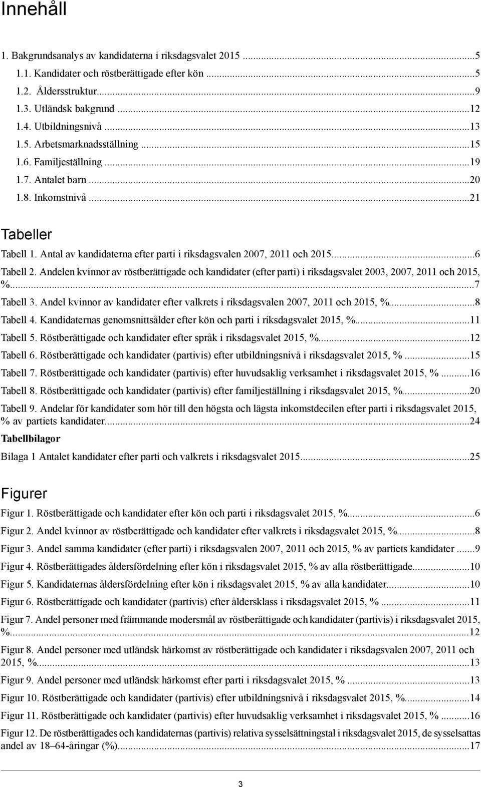 ..6 Tabell 2. Andelen kvinnor av röstberättigade och kandidater (efter parti) i riksdagsvalet 2003, 2007, 2011 och 2015, %...7 Tabell 3.