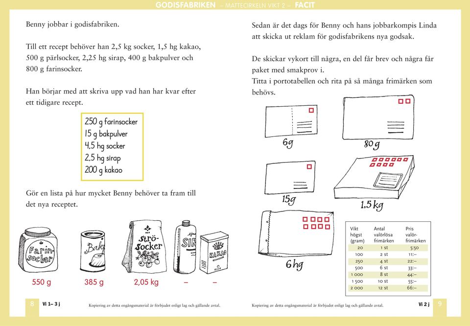 De skickar vykort till några, en del får brev och några får paket med smakprov i. Titta i portotabellen och rita på så många frimärken som behövs.