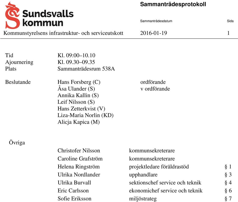 (V) Liza-Maria Norlin (KD) Alicja Kapica (M) Övriga Christofer Nilsson kommunsekreterare Caroline Grafström kommunsekreterare Helena Ringström