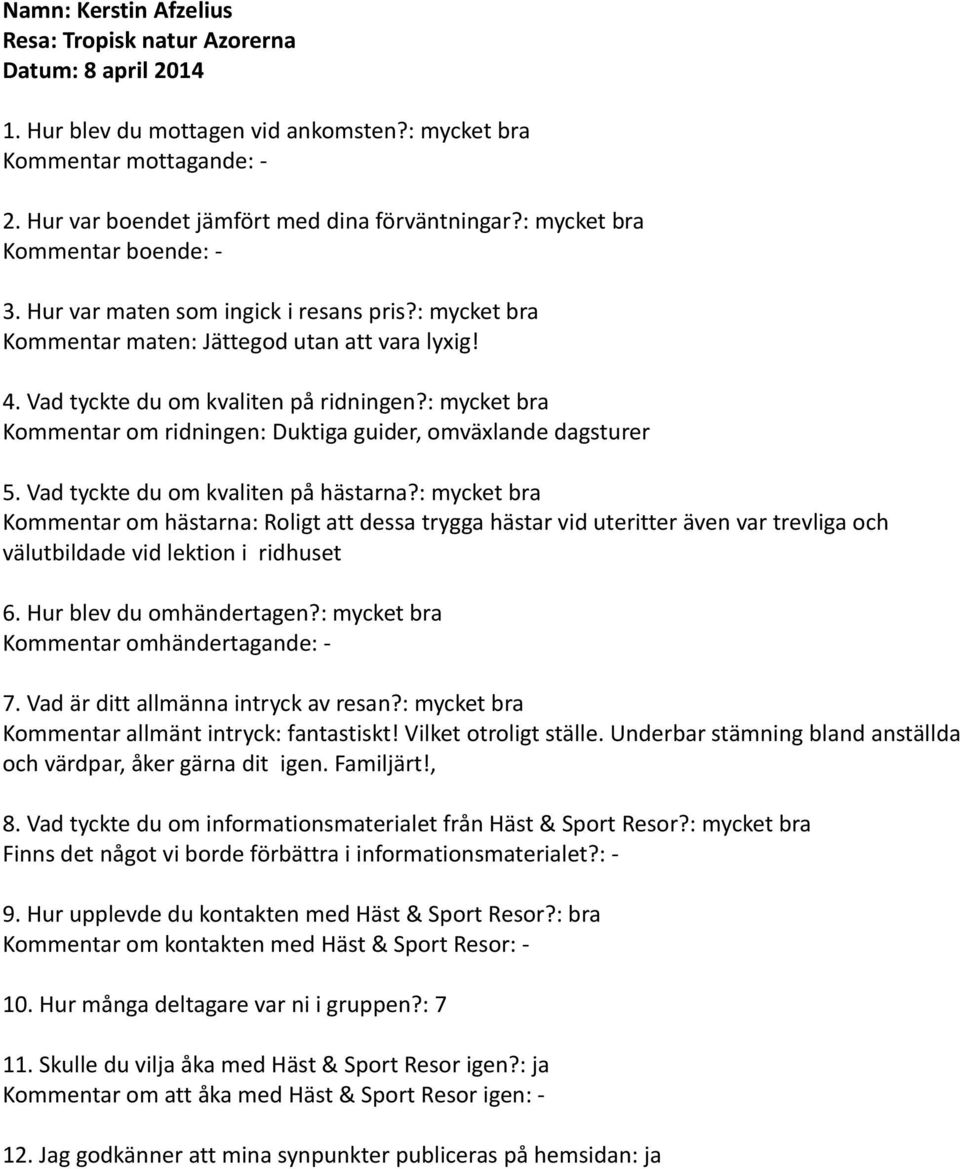 Kommentar om ridningen: Duktiga guider, omväxlande dagsturer Kommentar om hästarna: Roligt att dessa trygga hästar vid uteritter även var trevliga och välutbildade vid lektion i ridhuset Kommentar