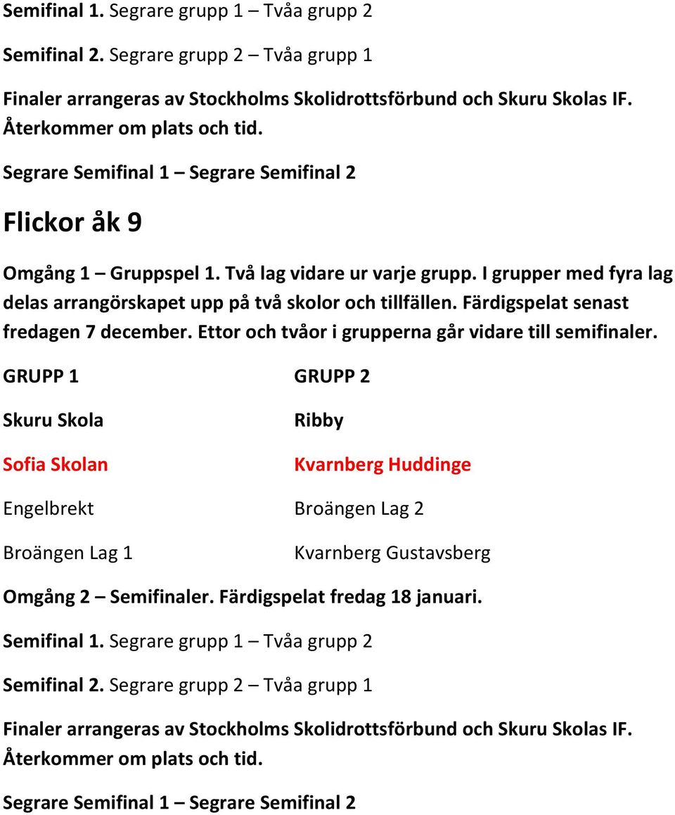 Färdigspelat senast fredagen 7 december. Ettor och tvåor i grupperna går vidare till semifinaler.