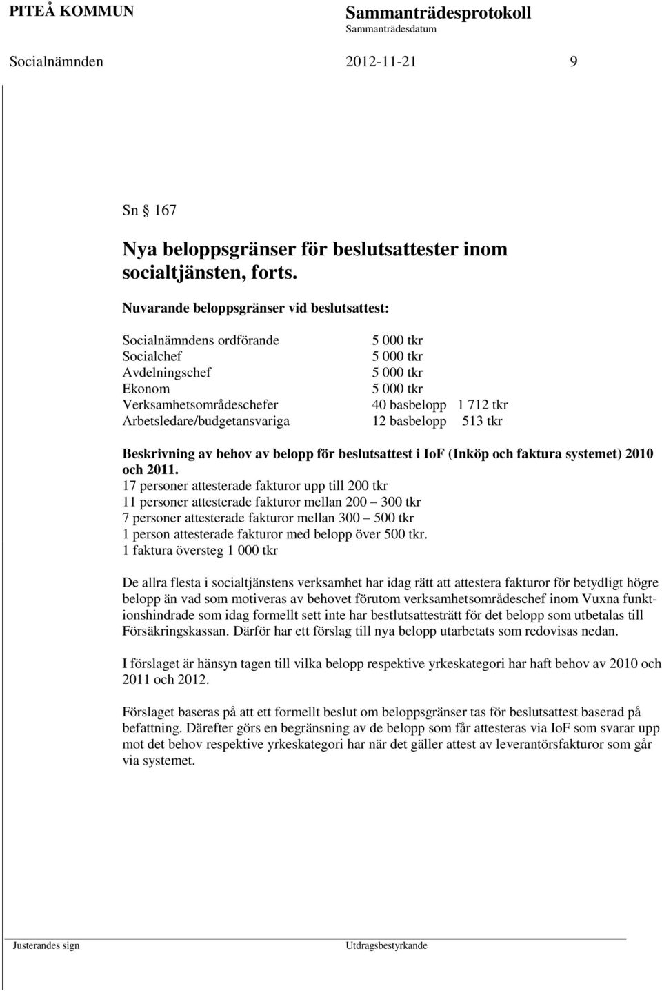 Arbetsledare/budgetansvariga 12 basbelopp 513 tkr Beskrivning av behov av belopp för beslutsattest i IoF (Inköp och faktura systemet) 2010 och 2011.