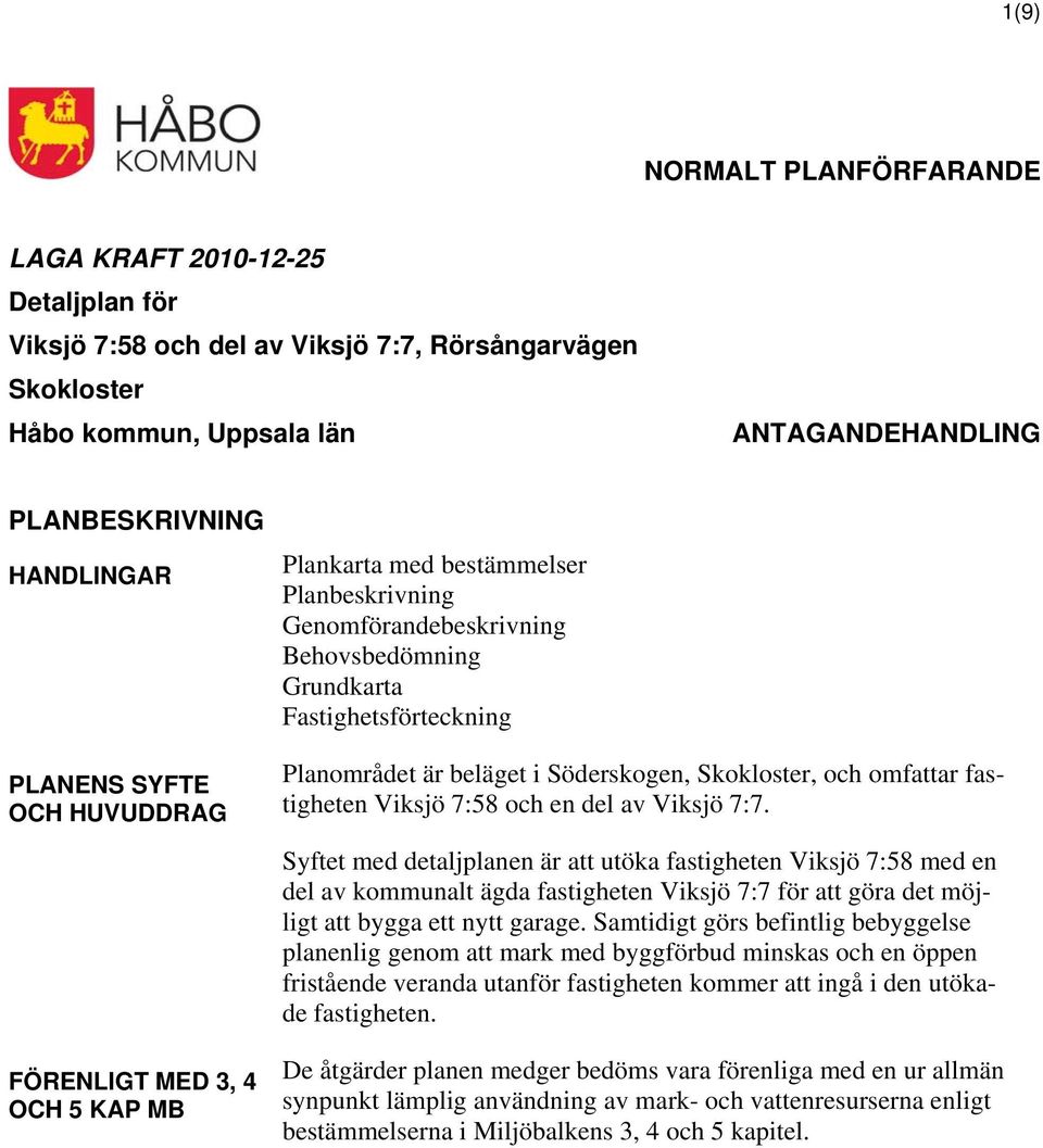 omfattar fastigheten Viksjö 7:58 och en del av Viksjö 7:7.