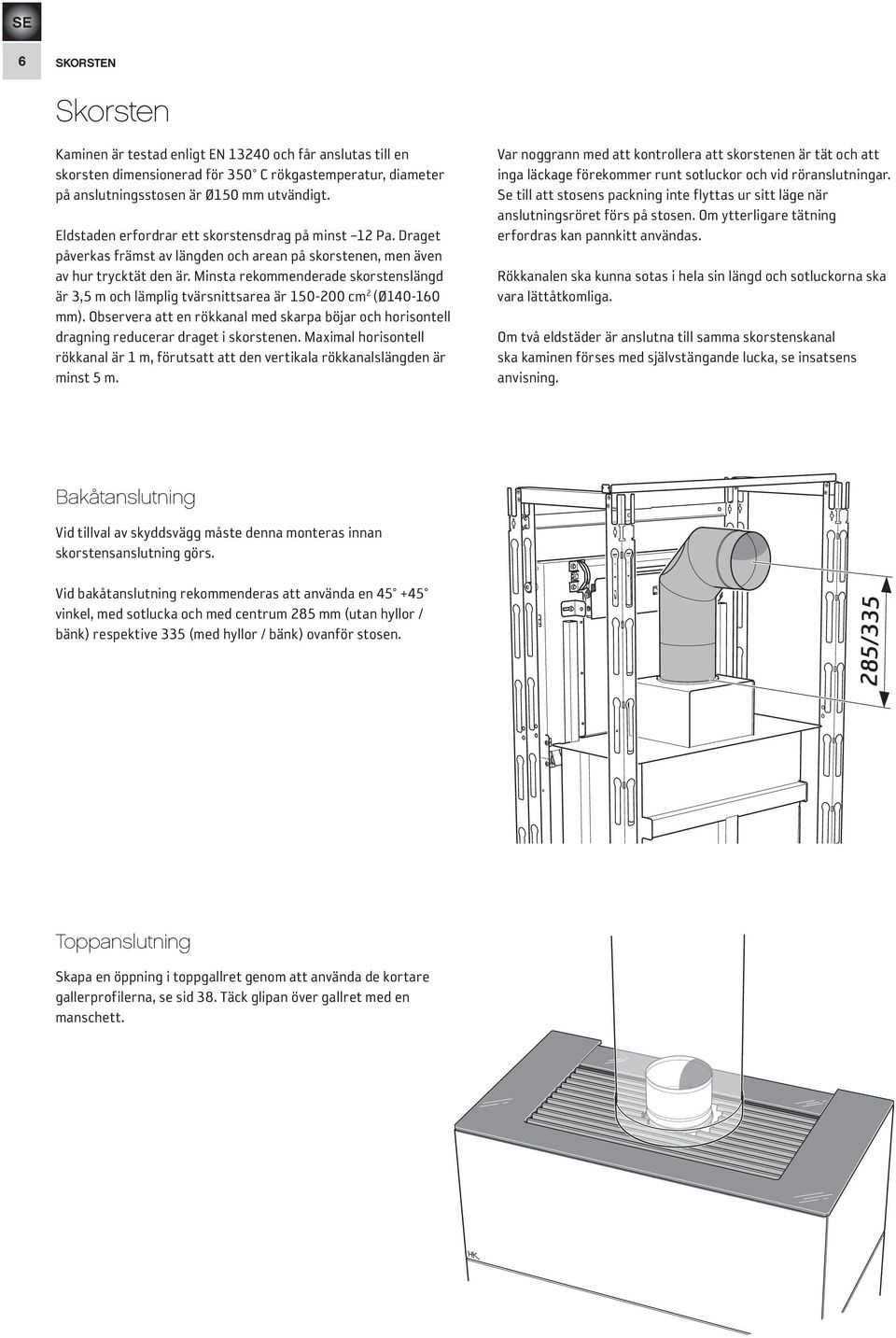 Minsta rekommenderade skorstenslängd är 3,5 m och lämplig tvärsnittsarea är 150-200 cm 2 (Ø140-160 mm).