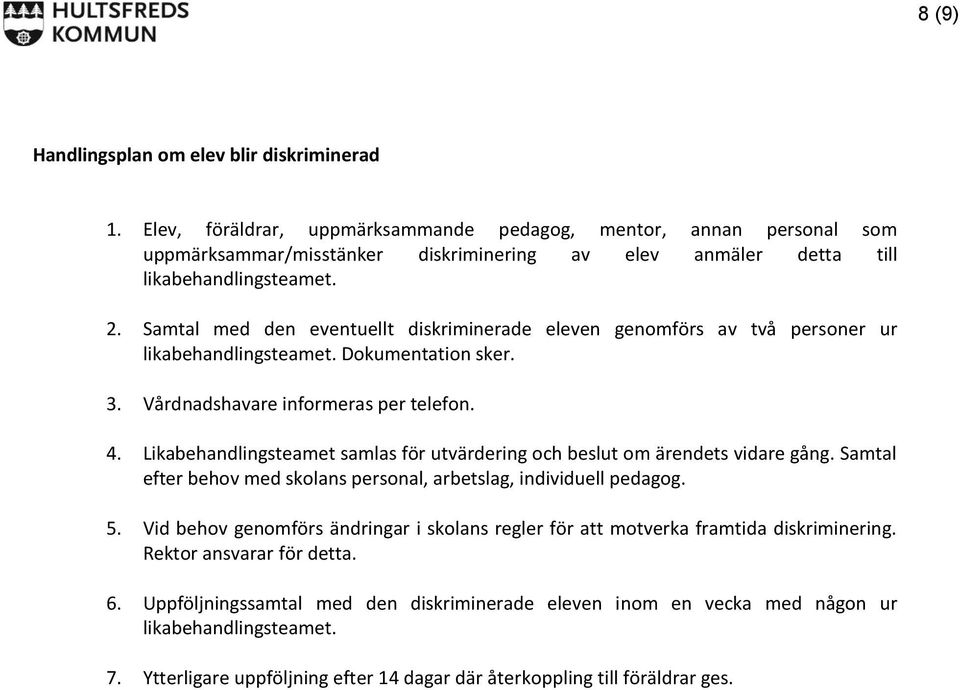 Samtal med den eventuellt diskriminerade eleven genomförs av två personer ur likabehandlingsteamet. Dokumentation sker. 3. Vårdnadshavare informeras per telefon. 4.