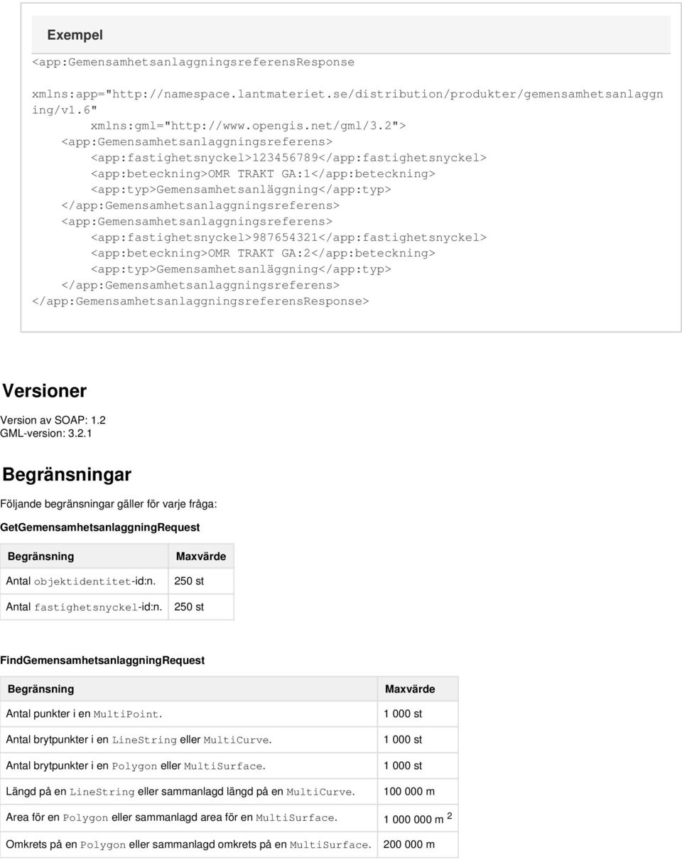 </app:gemensamhetsanlaggningsreferens> <app:gemensamhetsanlaggningsreferens> <app:fastighetsnyckel>987654321</app:fastighetsnyckel> <app:beteckning>omr TRAKT GA:2</app:beteckning>