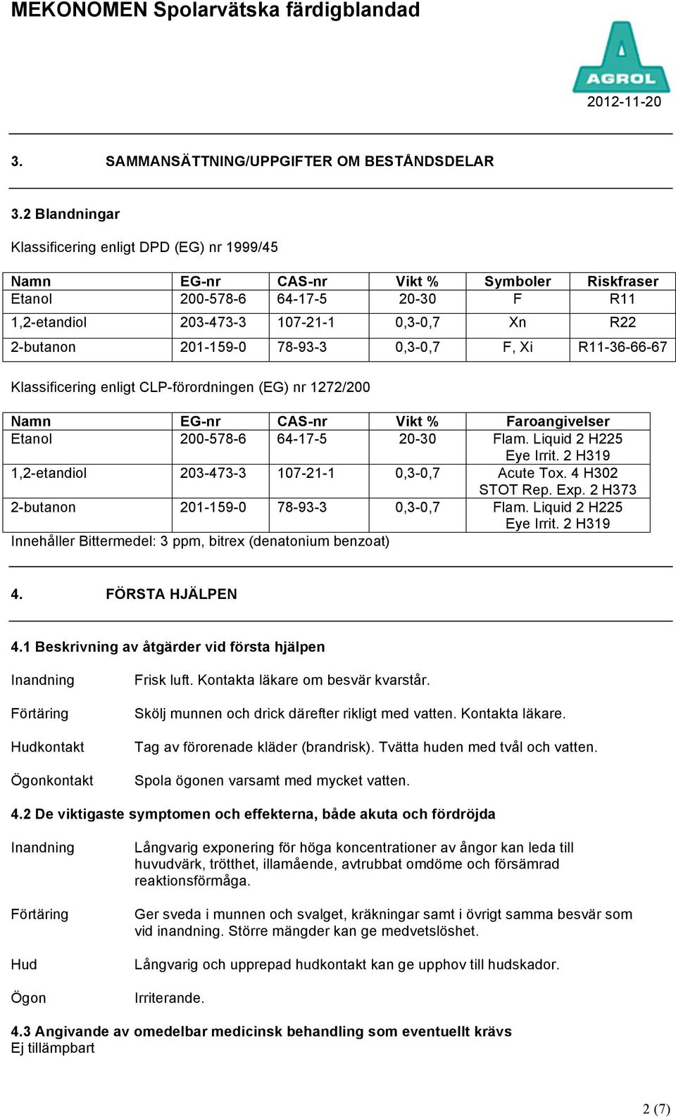 78-93-3 0,3-0,7 F, Xi R11-36-66-67 Klassificering enligt CLP-förordningen (EG) nr 1272/200 Namn EG-nr CAS-nr Vikt % Faroangivelser 200-578-6 64-17-5 20-30 Flam. Liquid 2 H225 Eye Irrit.