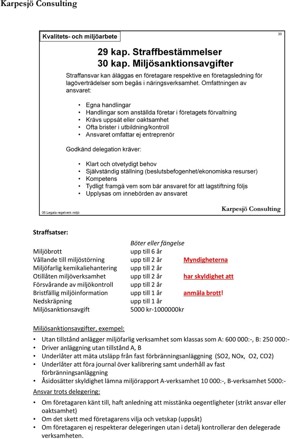 Nedskräpning upp till 1 år Miljösanktionsavgift 5000 kr-1000000kr Miljösanktionsavgifter, exempel: Utan tillstånd anlägger miljöfarlig verksamhet som klassas som A: 600 000:-, B: 250 000:- Driver