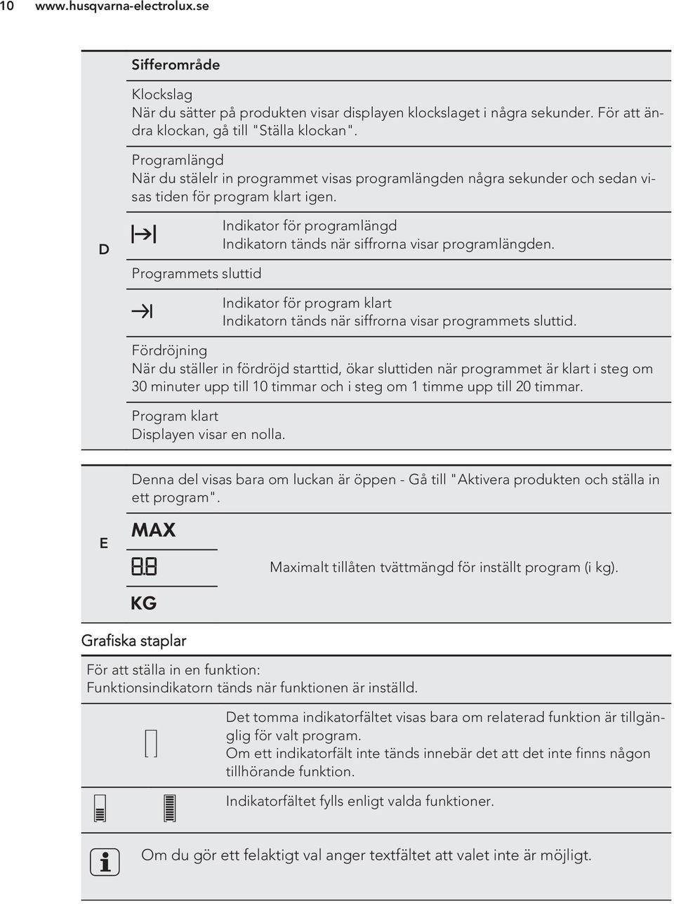 D Programmets sluttid Indikator för programlängd Indikatorn tänds när siffrorna visar programlängden. Indikator för program klart Indikatorn tänds när siffrorna visar programmets sluttid.