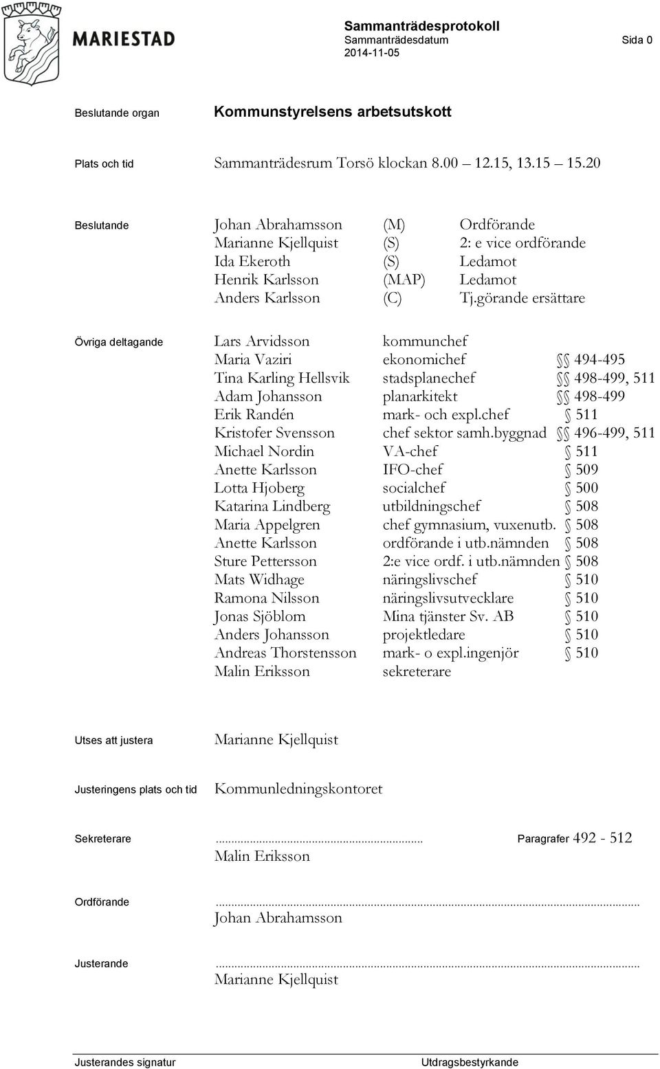 görande ersättare Övriga deltagande Lars Arvidsson kommunchef Maria Vaziri ekonomichef 494-495 Tina Karling Hellsvik stadsplanechef 498-499, 511 Adam Johansson planarkitekt 498-499 Erik Randén mark-