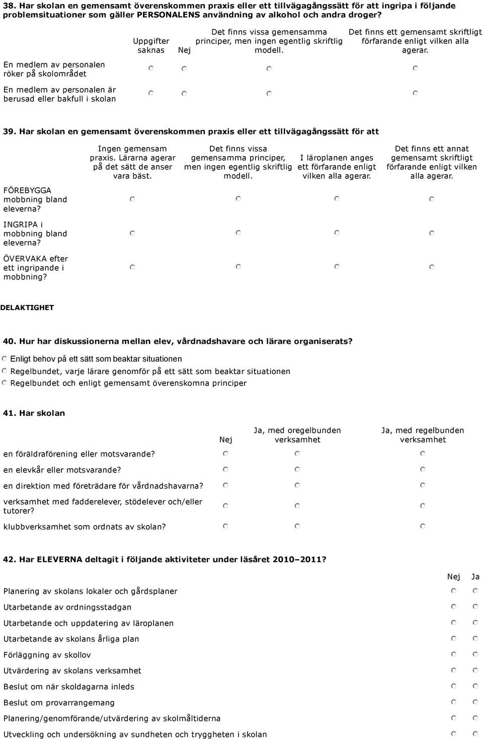 Det finns ett gemensamt skriftligt förfarande enligt vilken alla agerar. 39. Har skolan en gemensamt överenskommen praxis eller ett tillvägagångssätt för att FÖREBYGGA mobbning bland eleverna?